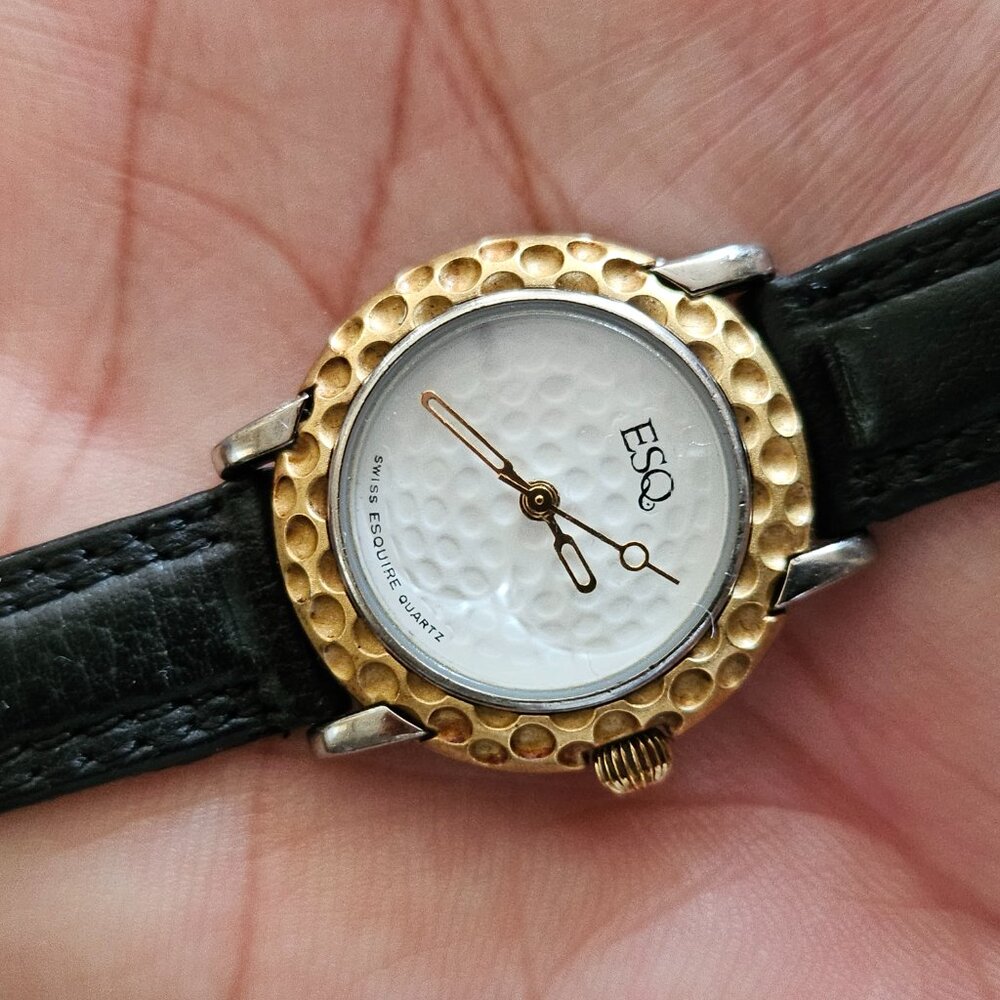 Esquire Watch Company White Dial Gold Bezel Black Leather Band Women's Watch
